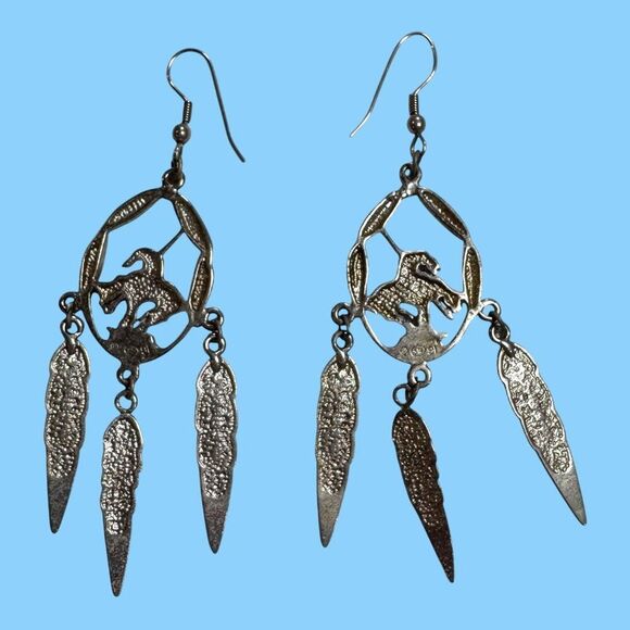 Signed Walldeck Jewelry Silver Tone Turquoise End Of The Trail Pierced Earrings - Picture 6 of 9